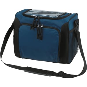 A blue cooler bag with black accents, featuring a clear top panel and a shoulder strap for easy carrying.