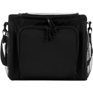 A black cooler bag with a zippered main compartment and mesh side pockets. It features a sturdy handle and adjustable strap.