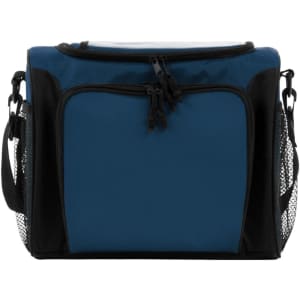 A blue cooler bag with black accents, featuring a zippered top and mesh side pockets. It has a logo on the front.
