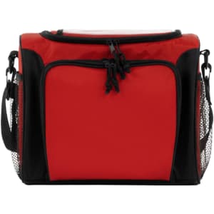 A red cooler bag with black accents, featuring a zippered top and side mesh pockets. It has a brand logo on the front.