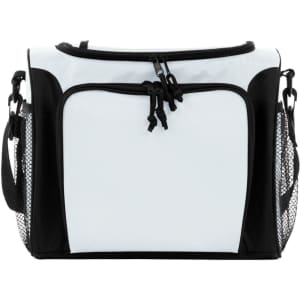 A sporty cooler bag in white and black, featuring a zippered compartment and mesh side pockets.