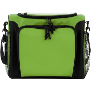 A green cooler bag with black accents, featuring a zippered top and side mesh pockets. It has a logo on the front.