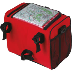A red cooler bag featuring a map on the top, with black straps and mesh side panels. It has a logo on the front.