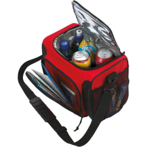A red cooler bag with a silver-lined interior, filled with various drink bottles and cans. It has a shoulder strap and a mesh side pocket.