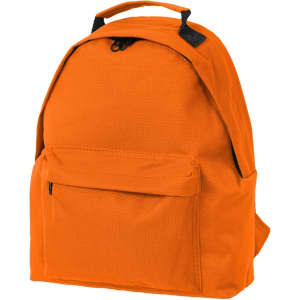 An orange kids backpack featuring a front pocket and a top handle. It has adjustable shoulder straps and a logo.
