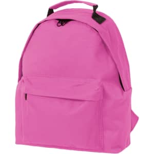 A pink kids backpack with a front pocket and adjustable straps, featuring a logo.