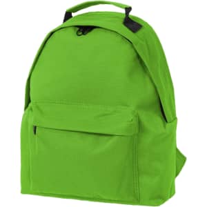 A bright green kids' backpack with a single front pocket and black straps. It features a top handle and a logo.