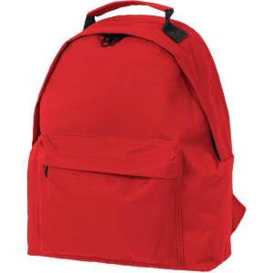 A red children's backpack with a front pocket and a top handle. It features black straps and a logo.