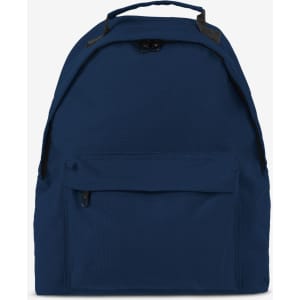 A navy blue kids backpack featuring a front zip pocket and a logo on the front.
