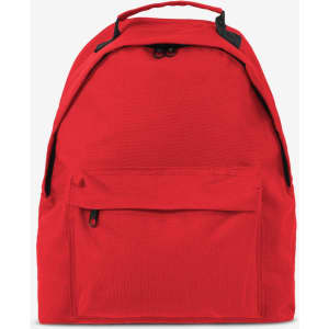 A red backpack featuring a front pocket and a top handle, with a black zipper and straps. It has a logo.