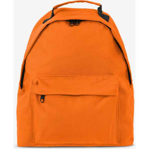 An orange backpack with a front pocket and a logo on it, featuring black straps and a top handle.