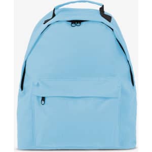 A light blue backpack with a front pocket and a handle on top. It features a simple design and black zippers.