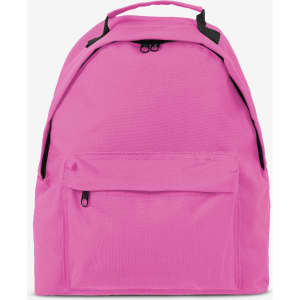 A pink backpack with a front pocket and black zipper accents. It has a sturdy handle on top.