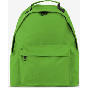 A green backpack with a zippered front pocket and a top handle for easy carrying. It features a simple design and has a logo.