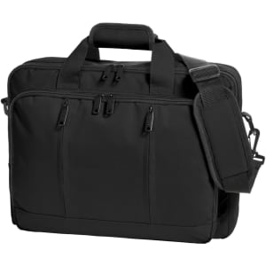 A black laptop backpack featuring multiple zippered compartments and a detachable shoulder strap. Includes a carrying handle.