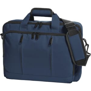 A navy laptop backpack with multiple zippered pockets and a detachable shoulder strap. It features a handle and logo branding.
