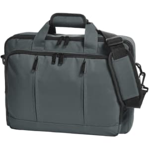A grey laptop backpack featuring multiple zipped compartments, a handle, and an adjustable shoulder strap.