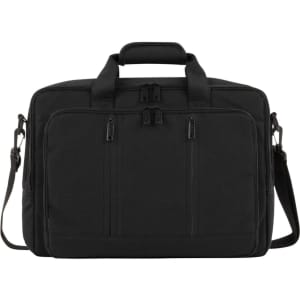 A black laptop backpack featuring multiple zippered compartments and an adjustable shoulder strap.