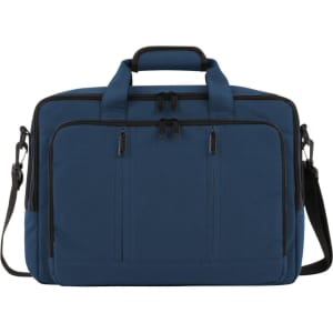 A blue laptop backpack with double handles, a detachable shoulder strap, and multiple zippered pockets. It has branding.