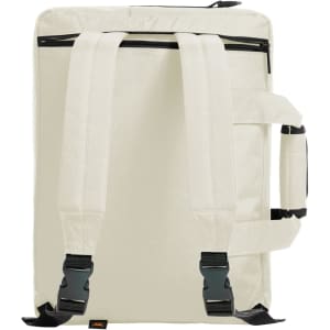 A cream-coloured backpack with adjustable straps and a side handle, featuring a logo on the back.