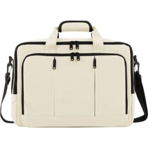 A beige laptop backpack with black accents featuring handles, zippers, and adjustable shoulder straps. It has a logo on it.