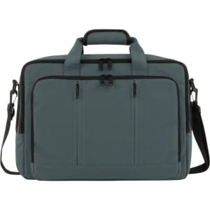 A grey laptop backpack with two zippered front pockets, top handles, and an adjustable shoulder strap.