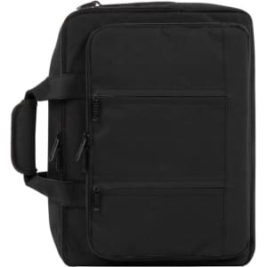 A black Economy Laptop Backpack featuring multiple zippered pockets and sturdy handles. It has a simple, sleek design.