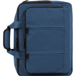 A blue economy laptop backpack with dual handles and multiple zippered pockets. It has a simple design and a branding logo.