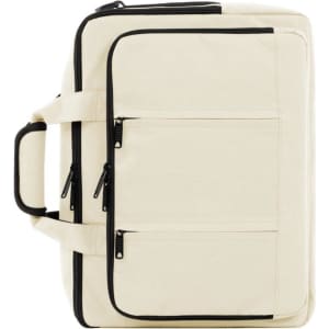 A cream laptop backpack featuring several zippered pockets and a sturdy handle, with black accents.
