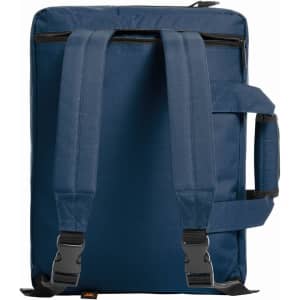 A navy blue laptop backpack featuring adjustable straps and a sturdy handle, with a logo on the front.