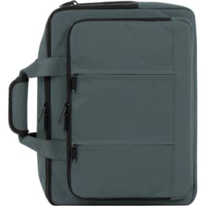 A green laptop backpack with multiple zippered compartments and a top handle. It features a branding logo.