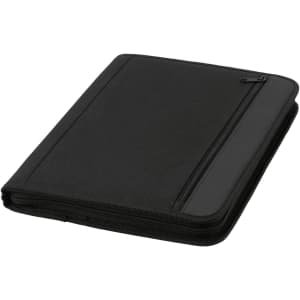 A black conference folder with a zipped compartment, designed for organising documents and notes.