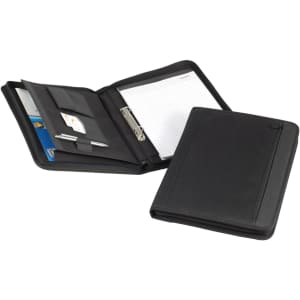 A black conference folder with sections for cards, a notepad, and a pen, featuring a zippered closure and a logo.