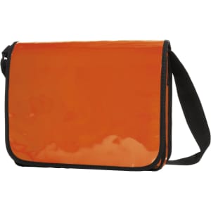 An orange lorry bag with a black strap and trim, featuring a glossy finish and a flap closure.