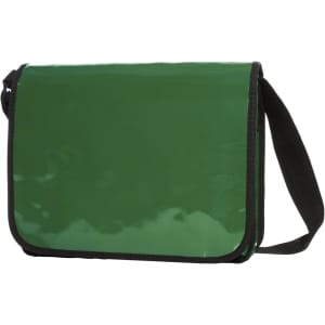 A green lorry bag featuring a glossy finish and a black adjustable strap. Includes a logo on the front.