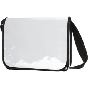 A shiny white messenger bag with a black trim and an adjustable strap. Features a logo on the front.