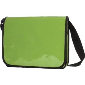 A bright green lorry bag with a black strap and edging, featuring a front flap and a logo.