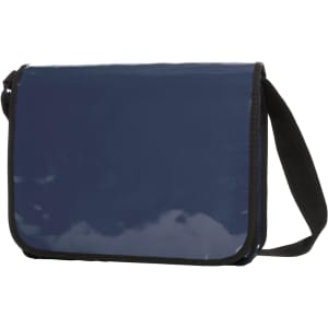 A navy blue lorry bag with a glossy finish and a black strap, featuring a branding logo.