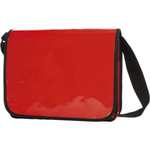 A red lorry bag with a glossy finish and a black strap, featuring a branding logo.