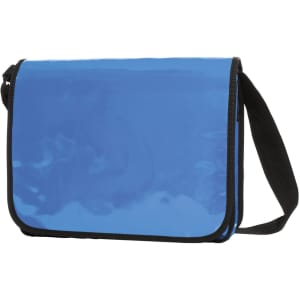 A blue Economy LorryBag with a black strap and a glossy finish, featuring a logo on the front.