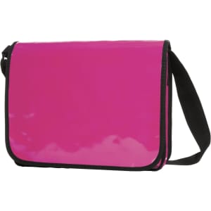 A pink Economy LorryBag with a black shoulder strap and a glossy finish. It features a logo on the front.