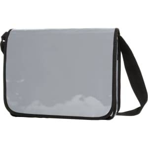 A grey lorry bag with a shiny finish and a black adjustable strap, featuring a logo on the front.