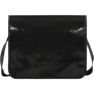 A black Economy LorryBag with a flap design and adjustable shoulder strap, featuring a logo.
