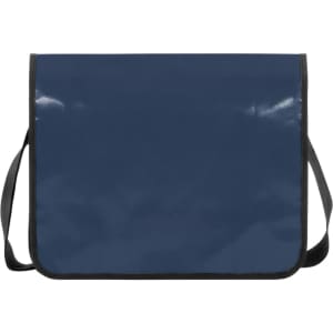 A navy blue messenger bag with a black strap and a glossy finish. It features a branding logo.