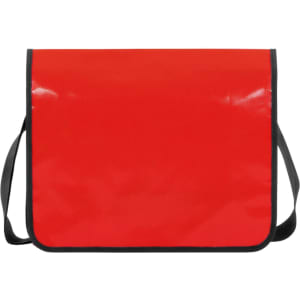 A bright red lorry bag with a black trim and an adjustable shoulder strap, featuring a front flap.