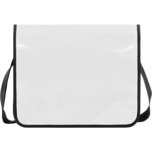 A white lorry bag with a black trim and adjustable shoulder strap, featuring a logo on the front.