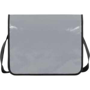 A grey lorry bag with a black trim and an adjustable strap, featuring a logo.