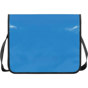 A blue lorry bag with a smooth surface, featuring a black shoulder strap and trim. It has a logo on the front.