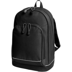 A black backpack featuring multiple compartments, a logo, and a sleek design with subtle white accents.