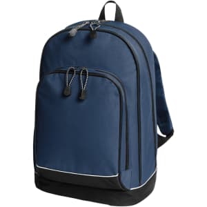 A navy blue backpack with a black base, featuring zippers and adjustable straps, and a logo.